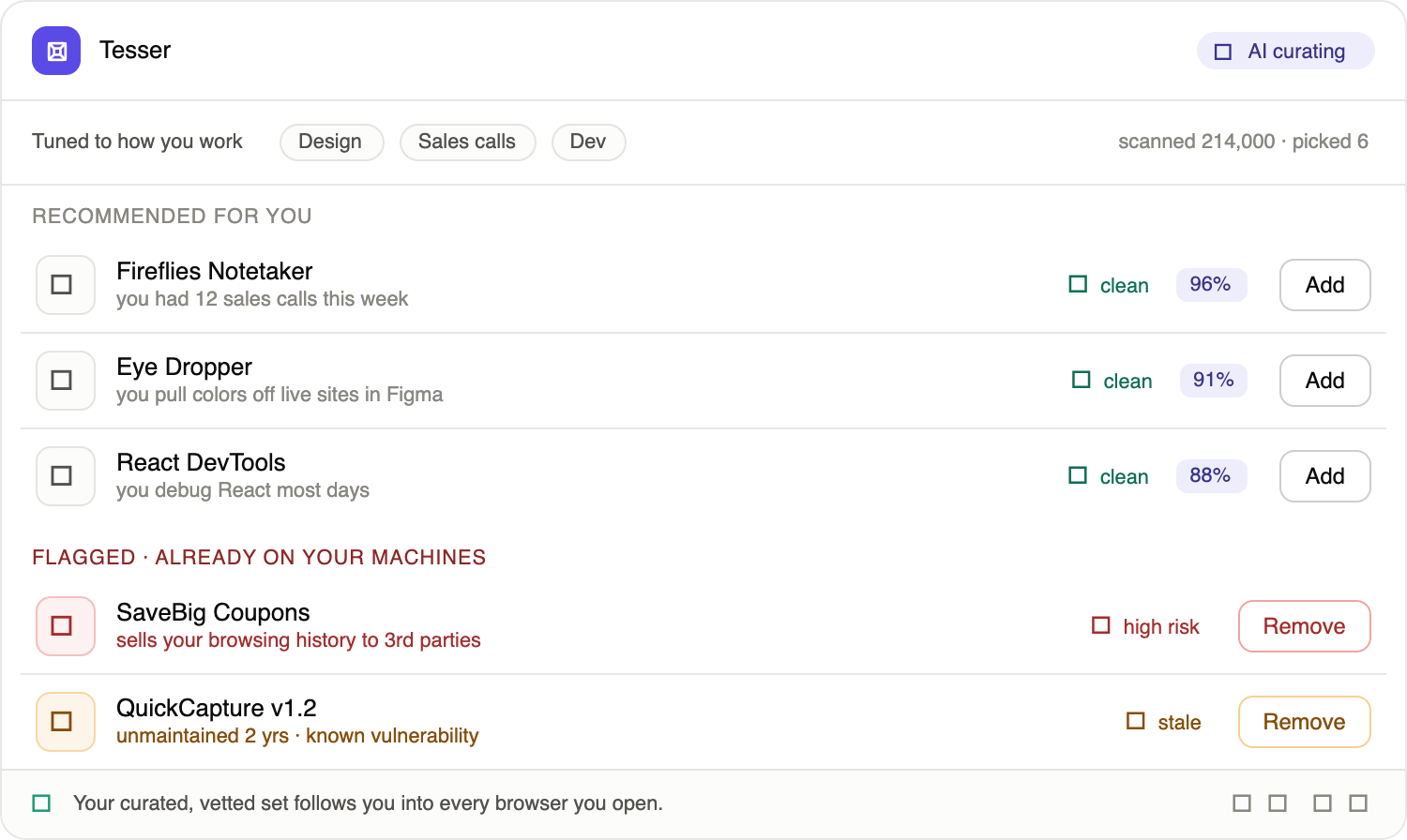 Tesser browser extension manager showing recommendations and risky installed extensions